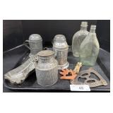 2 Clear Glass Bottles, 3 Muffineers, Fish Dish.