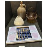 Stoneware Jug, Rogers Stainless Flatware.