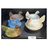 5 Colored & Milk Glass Hens On A Nest.