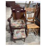 Oak & Cane Rocker, Ornate Upholstered Mahogany