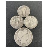 90% Silver Standing Liberty Quarters, Barber Half.