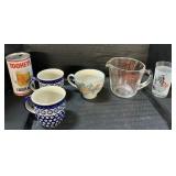 Pyrex Measuring Cup, Boleslawiec & Royal Mugs.