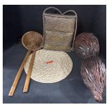 Wicker Utensils, Placemat, Tribal Backpack.