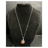 Sterling Silver Necklace & Orange Stone Pendant.