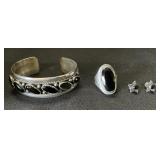 Sterling Silver & Onyx Bangle, Ring & Earring Set.