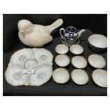 Porcelain Tea Set & Serving Platter, Ceramic Bird.