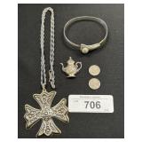 Sterling Silver Pendant, Tea Pot Brooch, Bracelet.