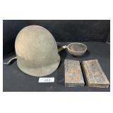 WWI Military Helmet, Rifle Magazines.