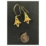 18 KT Gold Earrings, 14 KT Gold Pendant.