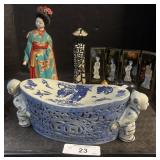 Chinese Porcelain Headrest, Japanese Geisha Doll.