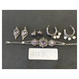950 Silver Purple Gemstone Bracelet, Earrings.