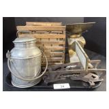 Produce Scale, Milk Jug, Egg Crate.