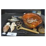 Redware Pottery Bowl, Seashells, Key, Spoons.