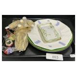 Plates, Porcelain Doll, Glass Bird Paperweights.