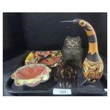 Wicker Lidded Basket, Rabbit Bowl, Aztec Bird.