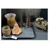 Brass Wheelbarrow, Christmas Trees, Vases.