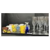 Various Mugs & Plastic Cups, Champagne Glasses.