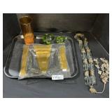 Art Glass Bowl, Beaded Display, Mushrooms.