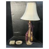 Green Onxy Jewelry Box, Carved Ashtray, Lamp.