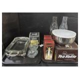 2 Oil Lamps, Bunny Dishes, Tea Kettle, Candles.