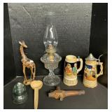Musical Steins, Oil Lamp, Carbed Giraffe &