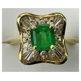 18K Gold Emerald & Baguette Diamond Ring.