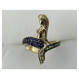 14KT Gold LeVian White, Green, Blue Mermaid Ring.