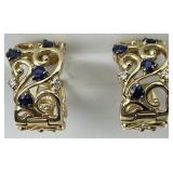 14KT Gold Effy Diamond & Sapphire Scroll Earrings.