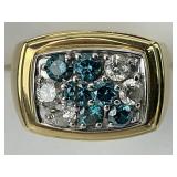 14KT Gold Blue & White Diamond Stripe Ring.