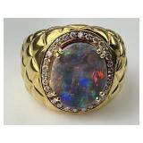 Gold Vibrant Opal Center & Diamond Halo Ring.