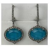 18KT Gold Blue Stone Diamond Dangle Earrings.