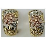 14KT Gold Tri-Color Floral Clip Earrings.