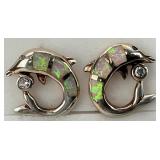Sterling Silver Opal CZ Dolphin Clip Earrings.