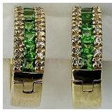 14KT Gold Diamond & Green Stone Hoops.