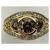 14KT Gold Brown Topaz & Diamond Edge Ring.