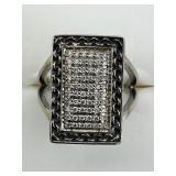 Sterling Silver Rectangular Diamond Set Ring.
