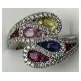 18KT Gold Bypass Oval Multi-Gemstone Diamond Ring.