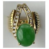 14KT Gold Jade Center Diamond Channel Ring.