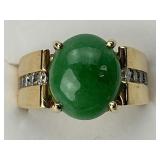 10KT Gold Oval Jade Channel Set Diamond Ring.