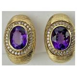 14KT Gold Amethyst & Diamond Clip Earrings.