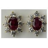 14KT Gold Ruby & Diamond Halo Earrings.
