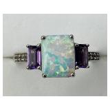 Sterling Silver Opal, CZ, & Purple Gemstone Ring.