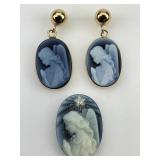 14KT Gold Black Cameo Angel Earrings & Stone.