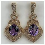 14KT Gold Amethyst & Diamond Scroll Earrings.