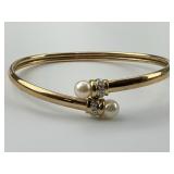10KT Gold Pearl & Diamond Flexible Bangle.