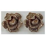 14KT Gold Rose Diamond Flower Clip Earrings.