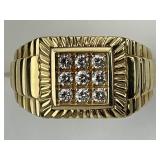 14KT Gold 9 Round Diamond Square Center Ring.