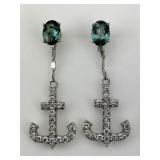 Gold Blue Gemstone Diamond Anchor Earrings.