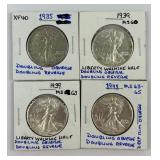 4 90% Silver 1935-1941 Walking Liberty Halves.