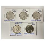 5 90% Silver Error Franklin Half Dollars.